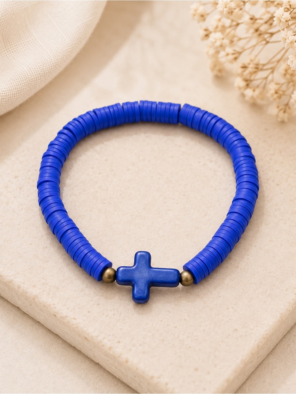 Blue Beaded‎ Bracelet Cross Charm Stretchy Religious Jewelry Gift